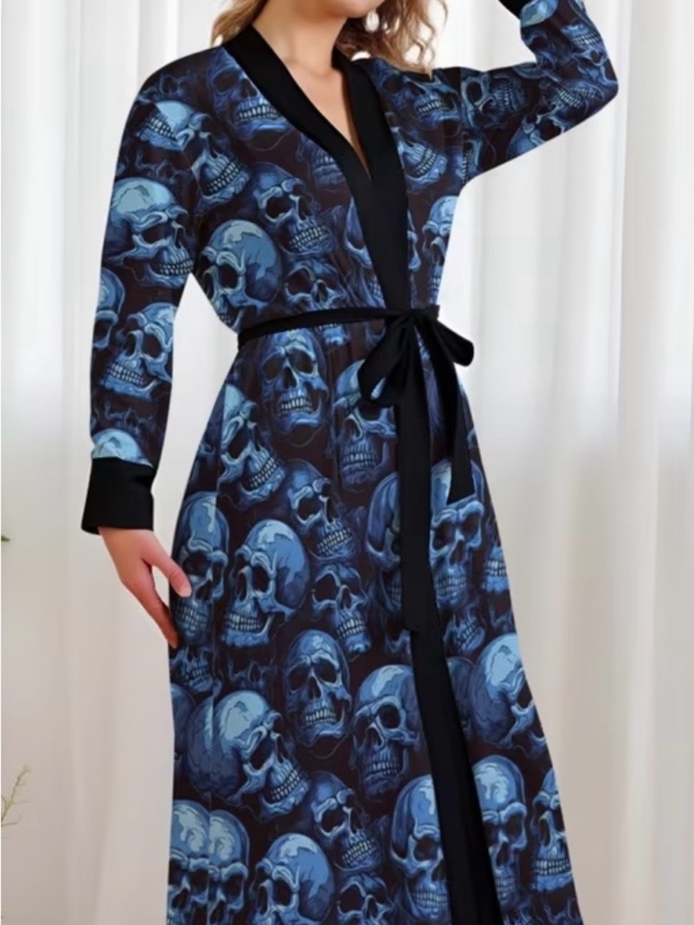 Women’s Blue Skull Print Long Robe with Black Trim 1XL New